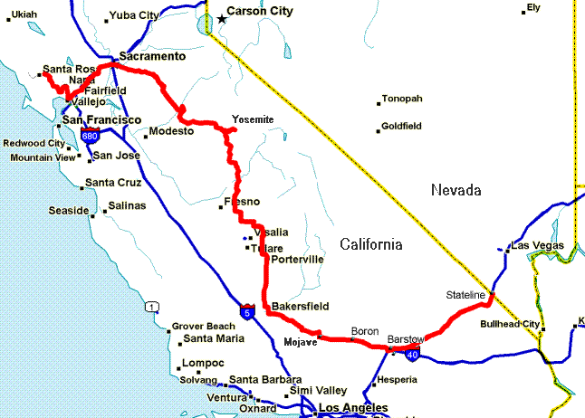 Map of California segment of tour