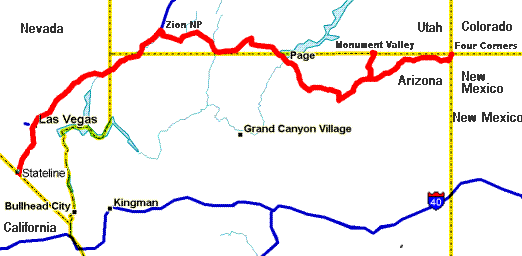 Map of Nevada/Utah/Arizona segment of tour
