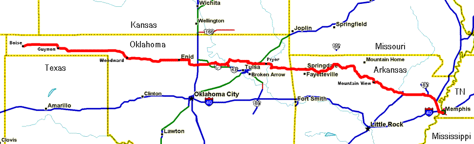 Map of Oklahoma/Arkansas segment of tour