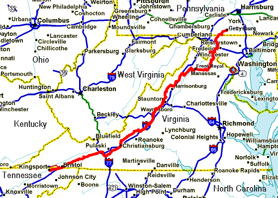 Map of Virginia/Maryland/Pensylvania segment of tour