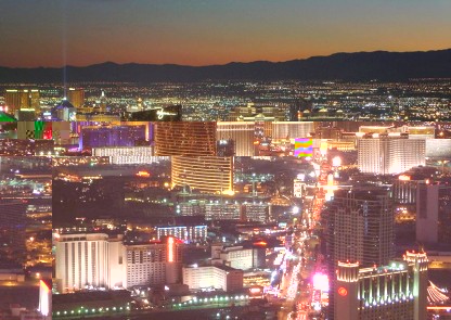 Night shot from the air of the Las Vegas 'strip'