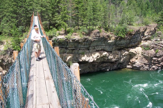 Don on cable bridge over Kootenai Falls