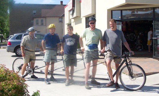 Don, RonP, (?), me, and shop owner on 5-person tandem