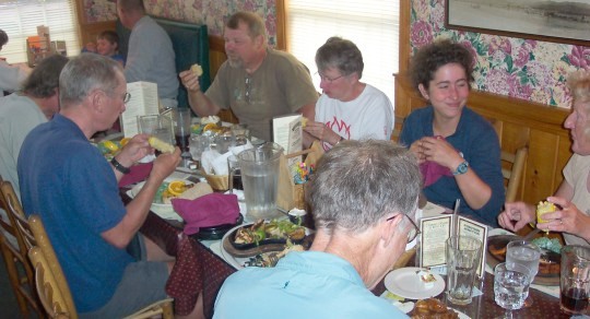 The group sitting at table in restaurant