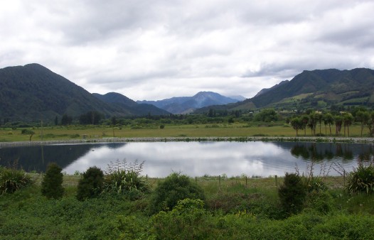 A pond with mountains in the background