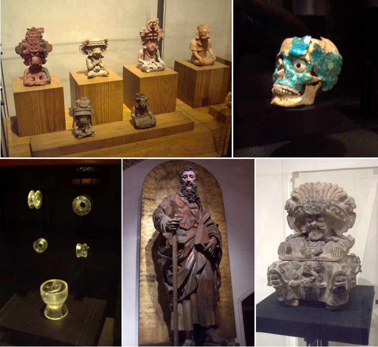 Collage of photos from Santo Domingo museum.  Figurines, skull, carved crystal, statues