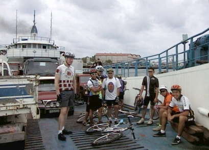 Cyclists on the deck of the car ferry.  That's me on the left.