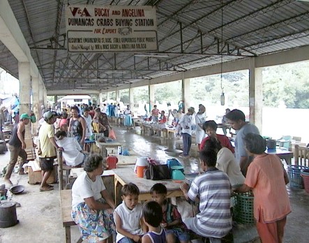 Long tables with crowd under room with sign 'V&A Bucay and Angelina Dumangas Crabs Buying Station, For Export