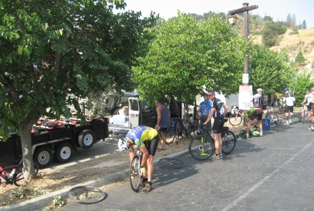 Riders preparing to leave the parking lot