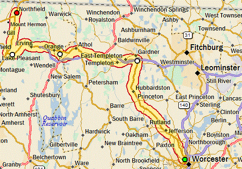 Map of north-central Massachusetts with route from Worcester to Northfield